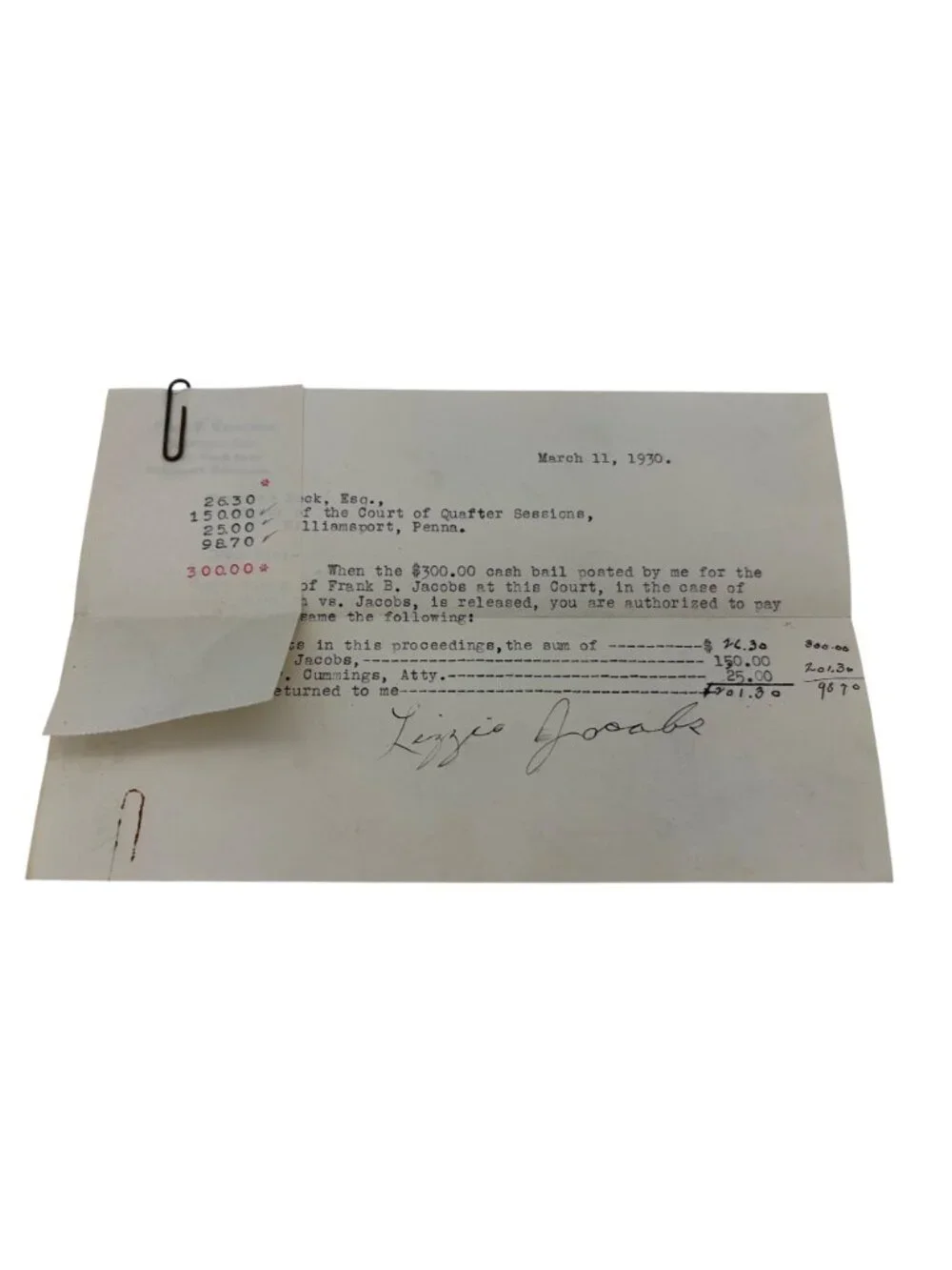 1929 PA Court Case File Desertion Non Support Nolle Prosequi Jacobs Lycoming - Picture 4 of 9